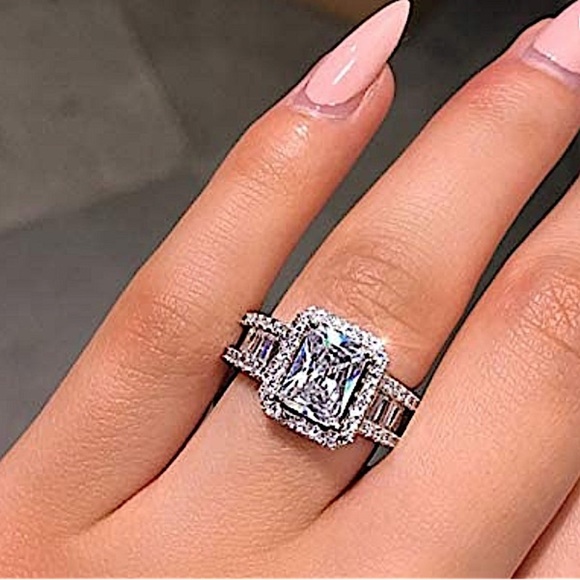 Sterling Silver Baguette Ring Square Cut Zircon - Picture 3 of 11